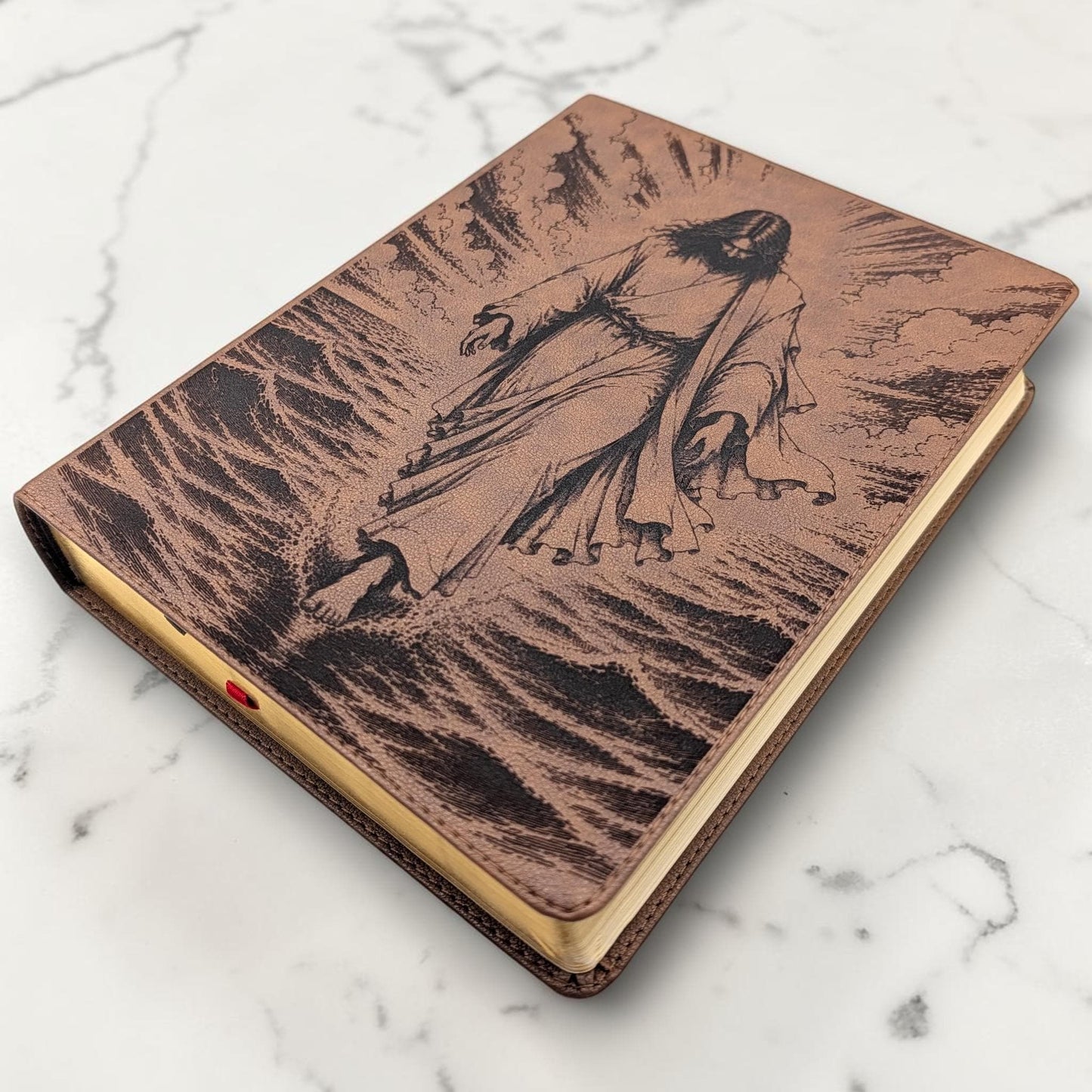 Personalized KJV Bible: Jesus Walking on Water Engraving, Wide Margin, Brown Leatherlike
