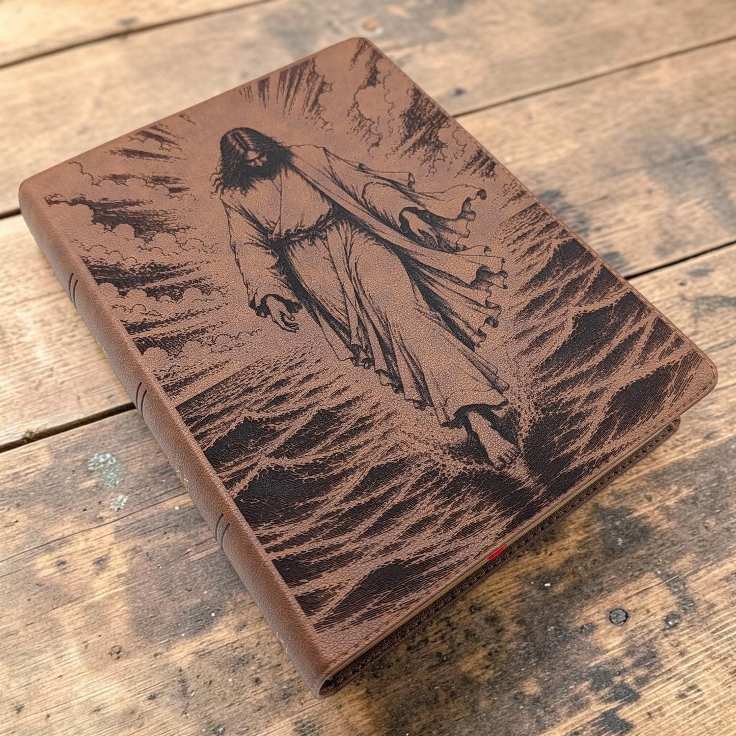 Personalized KJV Bible: Jesus Walking on Water Engraving, Wide Margin, Brown Leatherlike