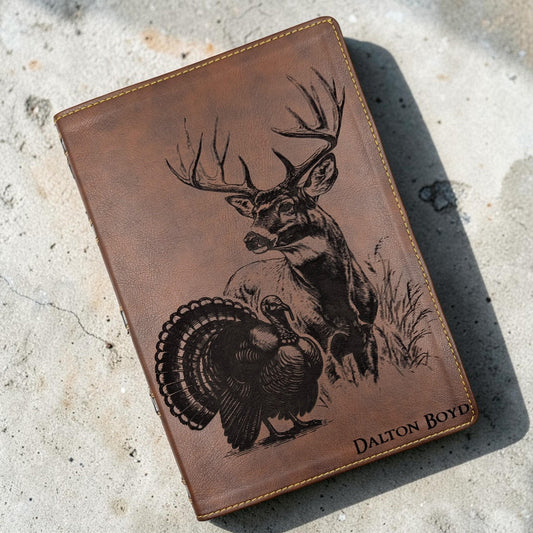Personalized NKJV Bible with References: Engraved Buck Deer and Turkey, Wide Margins