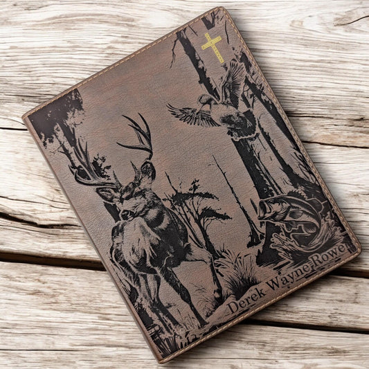 Personalized NIV Journal Bible: Engraved Deer Fish Duck, Lined Wide Margins