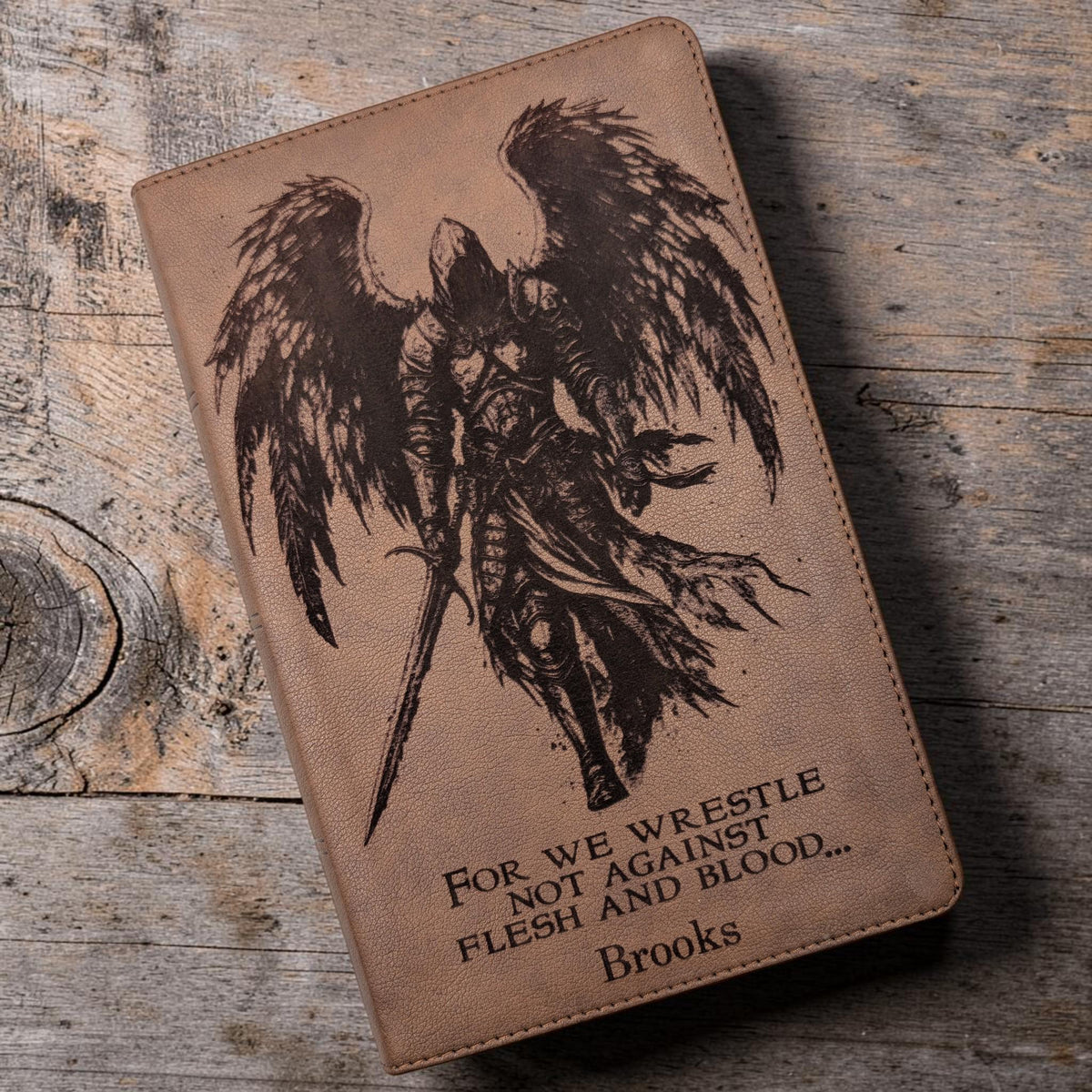 Personalized KJV Bible Personal Size: Engraved Michael the Archangel, Brown Leatherlike