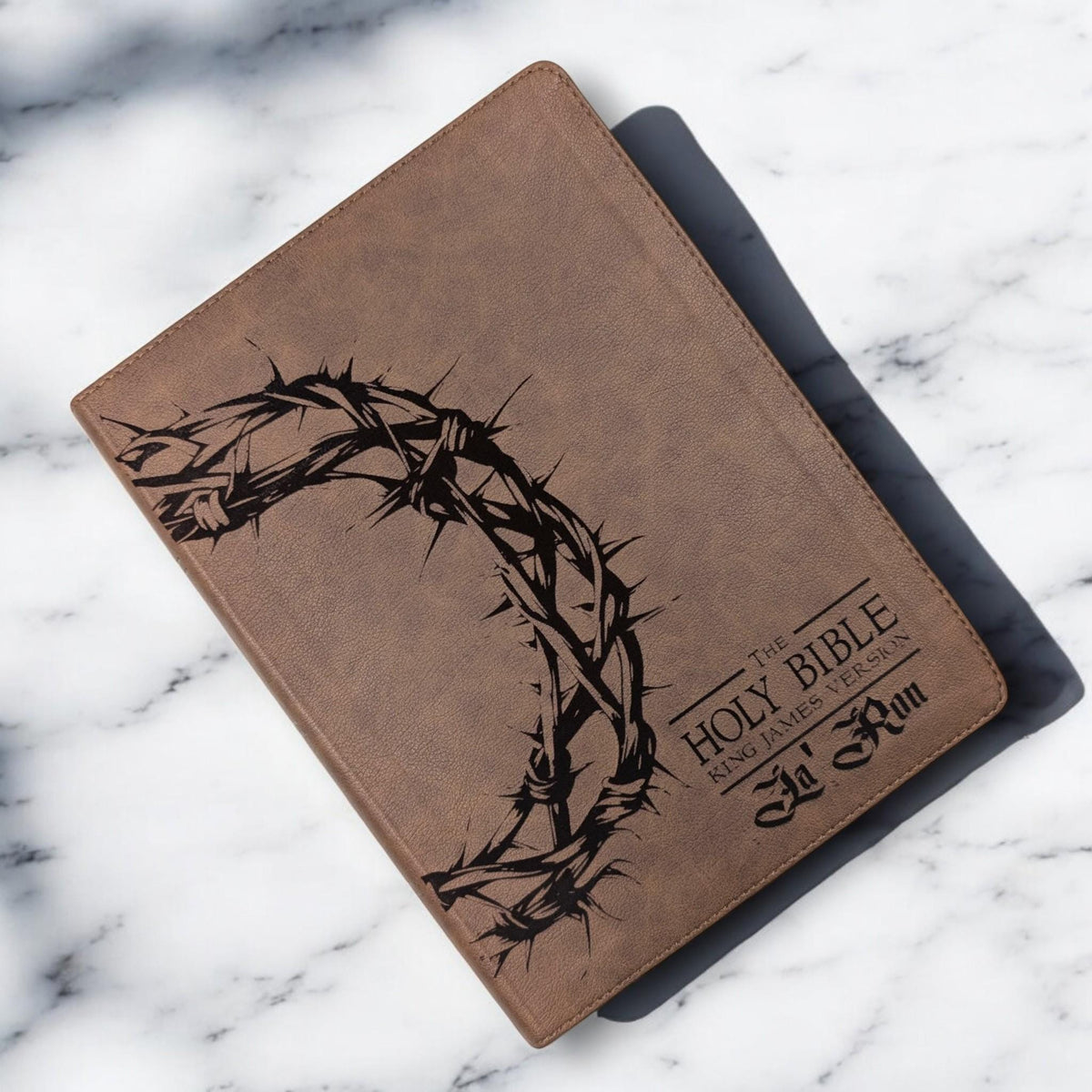 Personalized KJV Bible: Engraved Crown of Thorns, Wide Margin, Brown Leatherlike