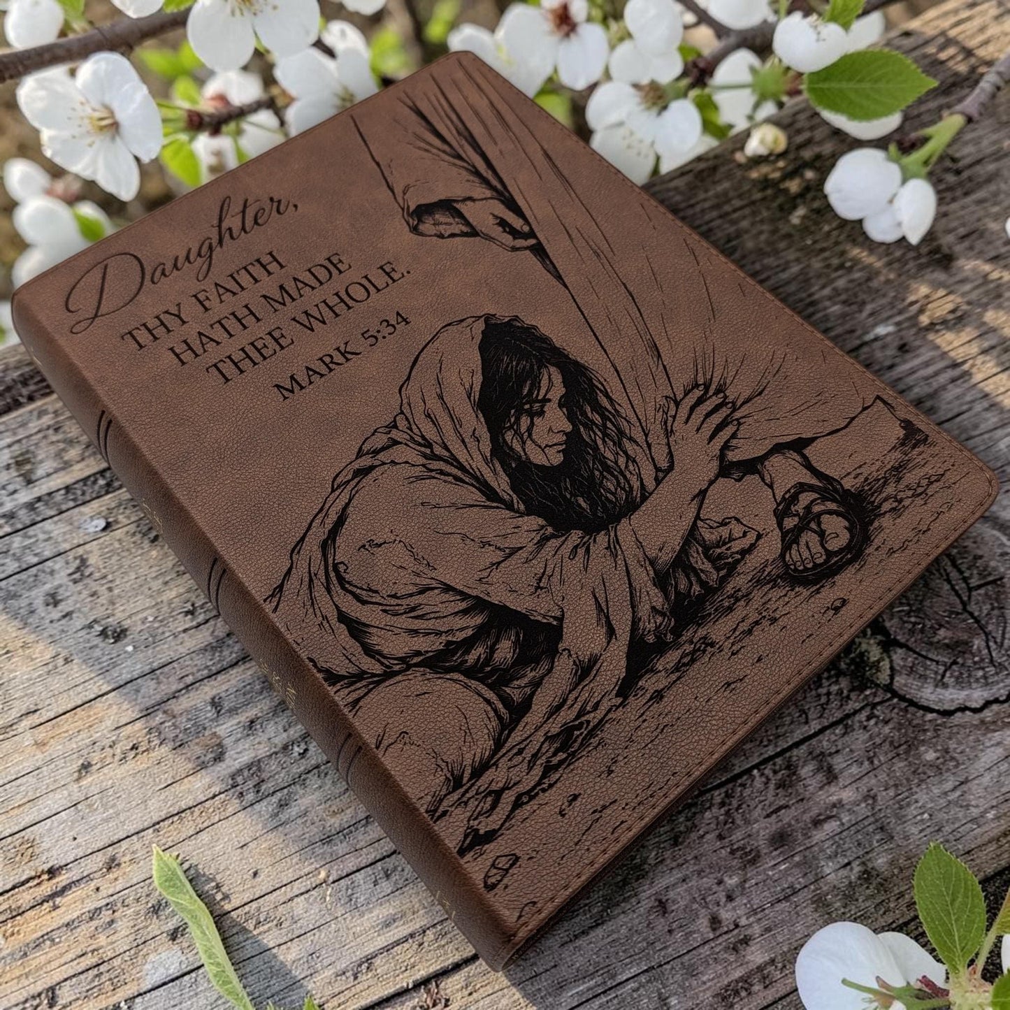 Personalized KJV Bible: Woman Touching Jesus' Garment Engraving, Wide Margin, Brown Leatherlike