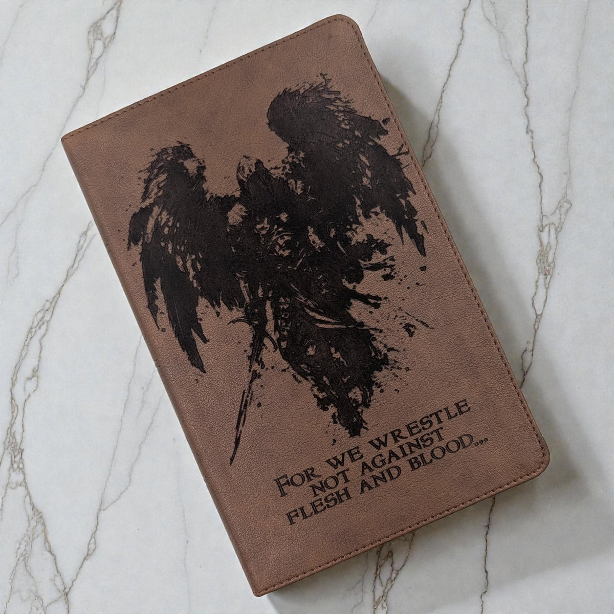 Personalized KJV Bible Personal Size: Engraved Michael the Archangel and Kneeling Warrior, Brown