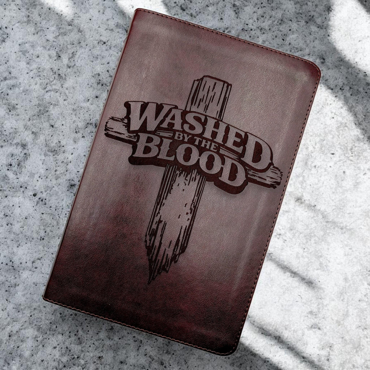 Personalized ESV Thinline Bible Large Print: Washed By The Blood Cross Design, Mahogany Cover