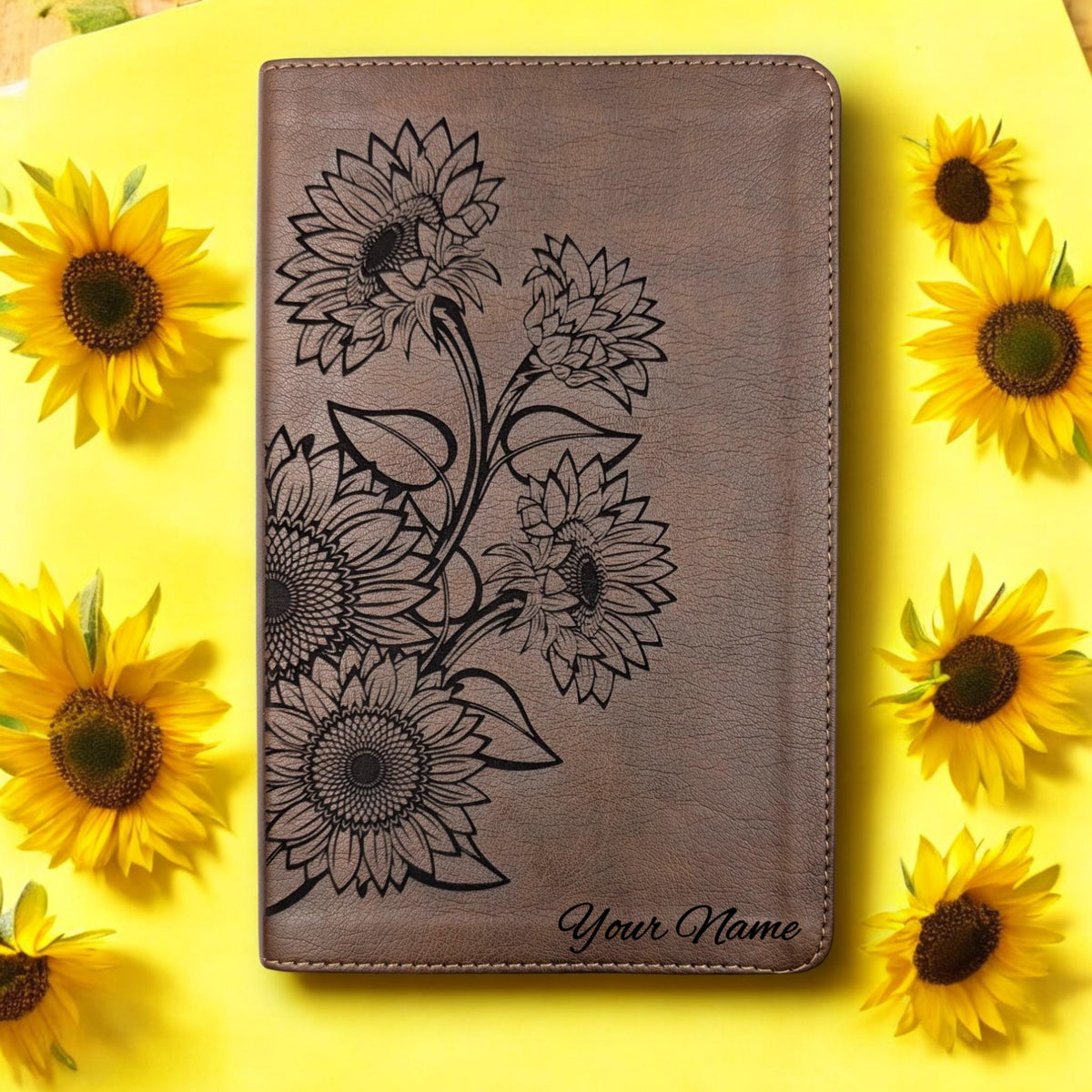 Personalized NLT Thinline Reference Bible for Women: Engraved Sunflower, Rustic Brown Leatherlike