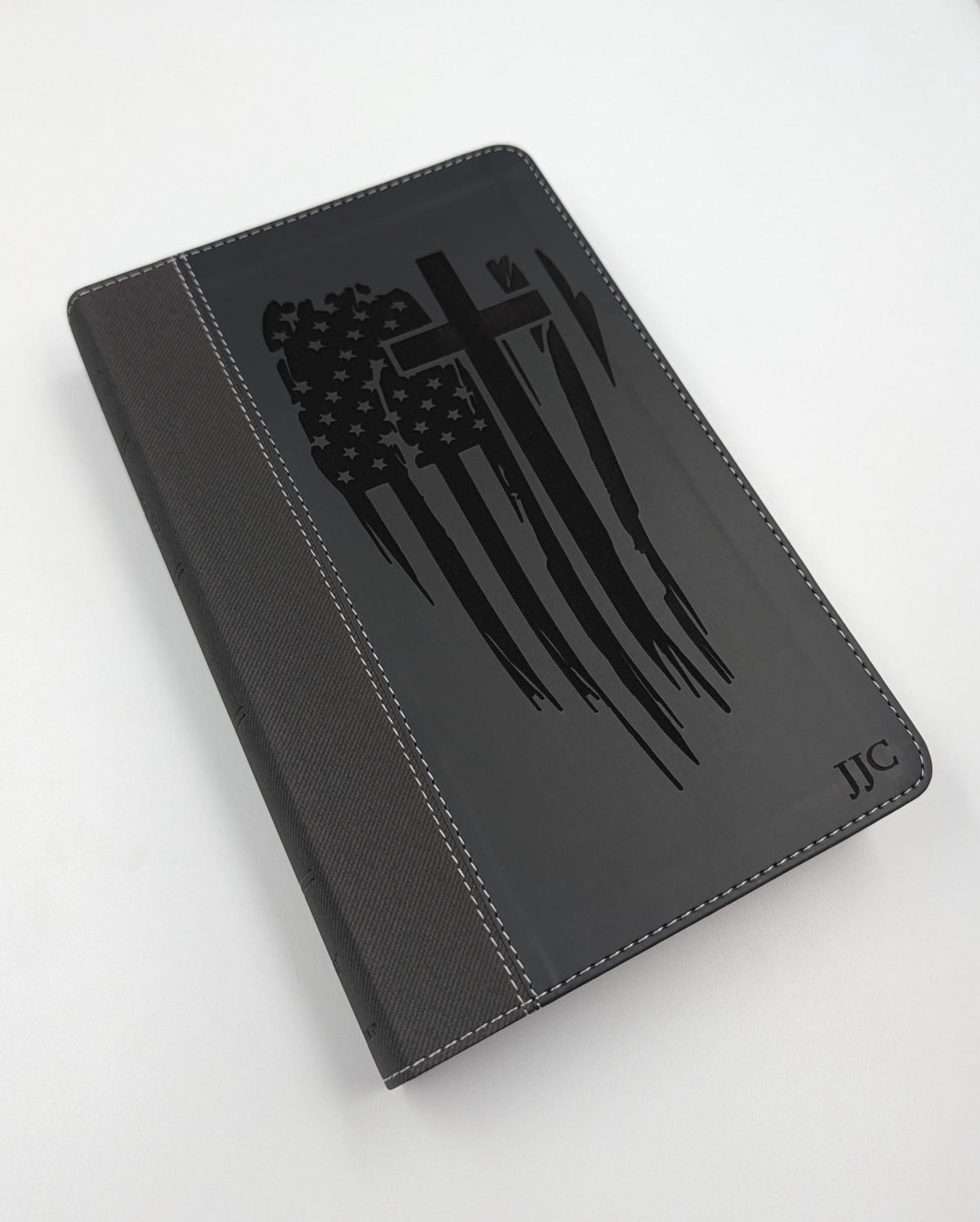Personalized NIV Bible Large Print: Engraved American Flag and Cross, Black Leatherlike