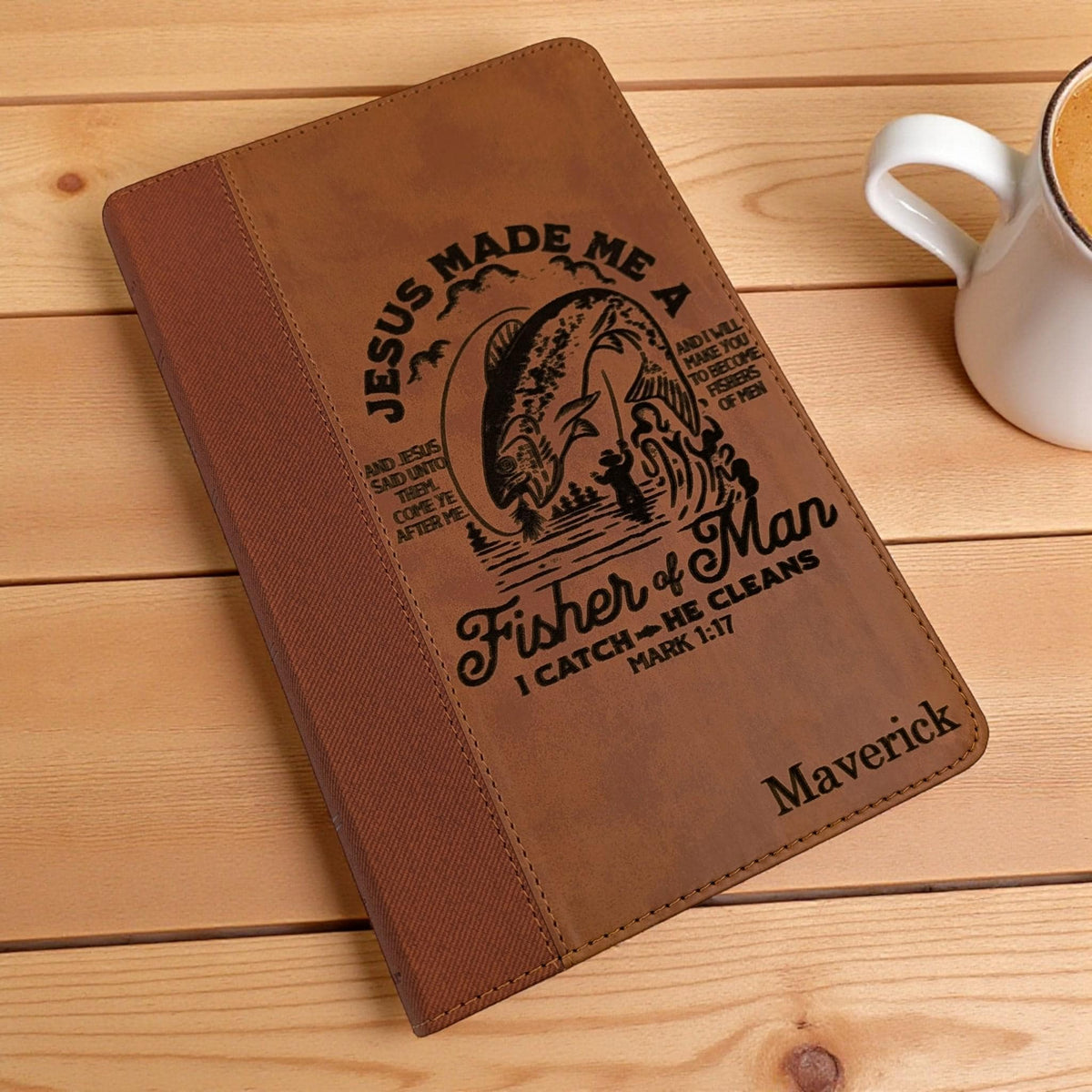 Personalized NIV Bible Large Print (Brown): Fisher of Men Engraving, Optional Thumb Index