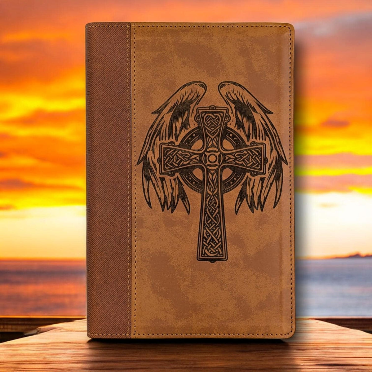 Personalized NIV Bible Large Print: Engraved Celtic Cross & Angel Wings, Brown Leatherlike