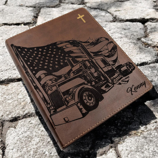 Personalized NIV Journal Bible: Engraved Semi Truck and American Flag, Lined Wide Margins