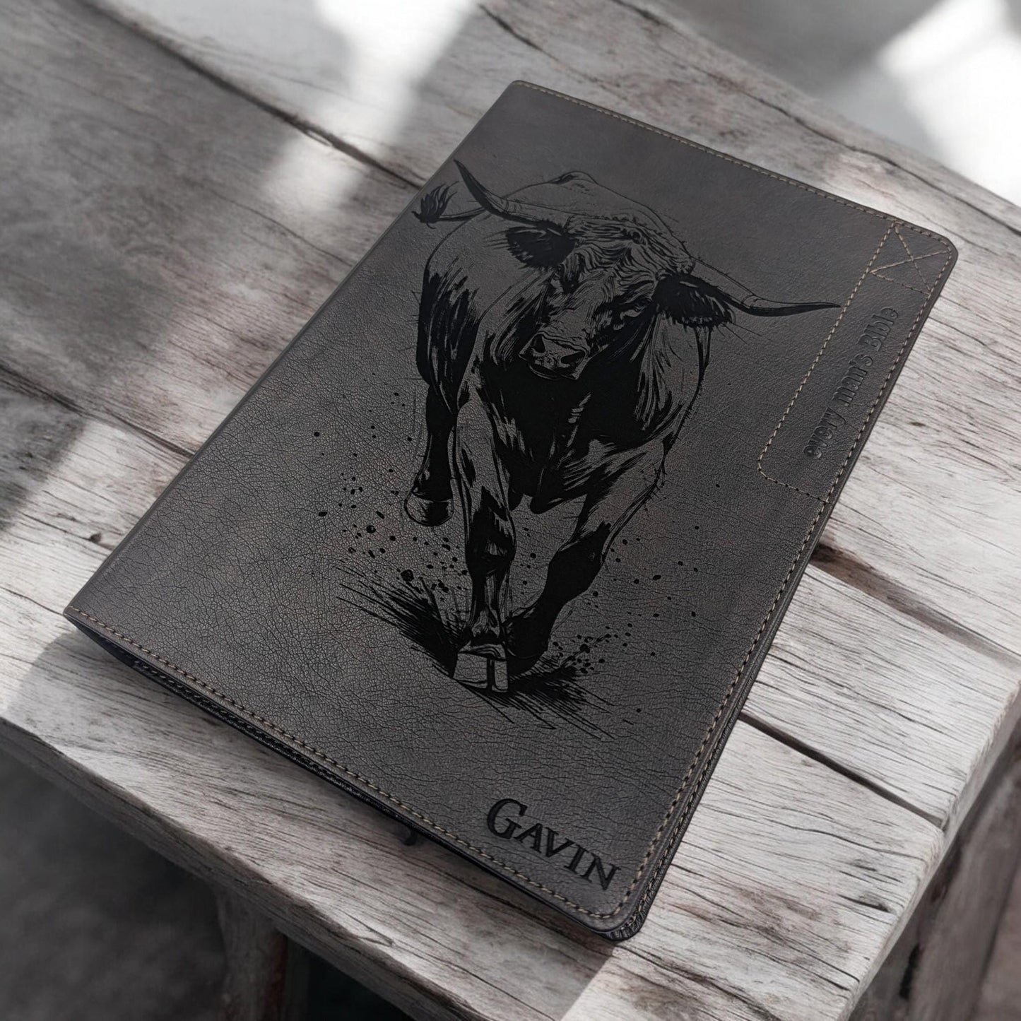Personalized Every Man's Large Print NLT Bible: Engraved Rodeo Bull & Kneeling Cowboy, Brown Cover