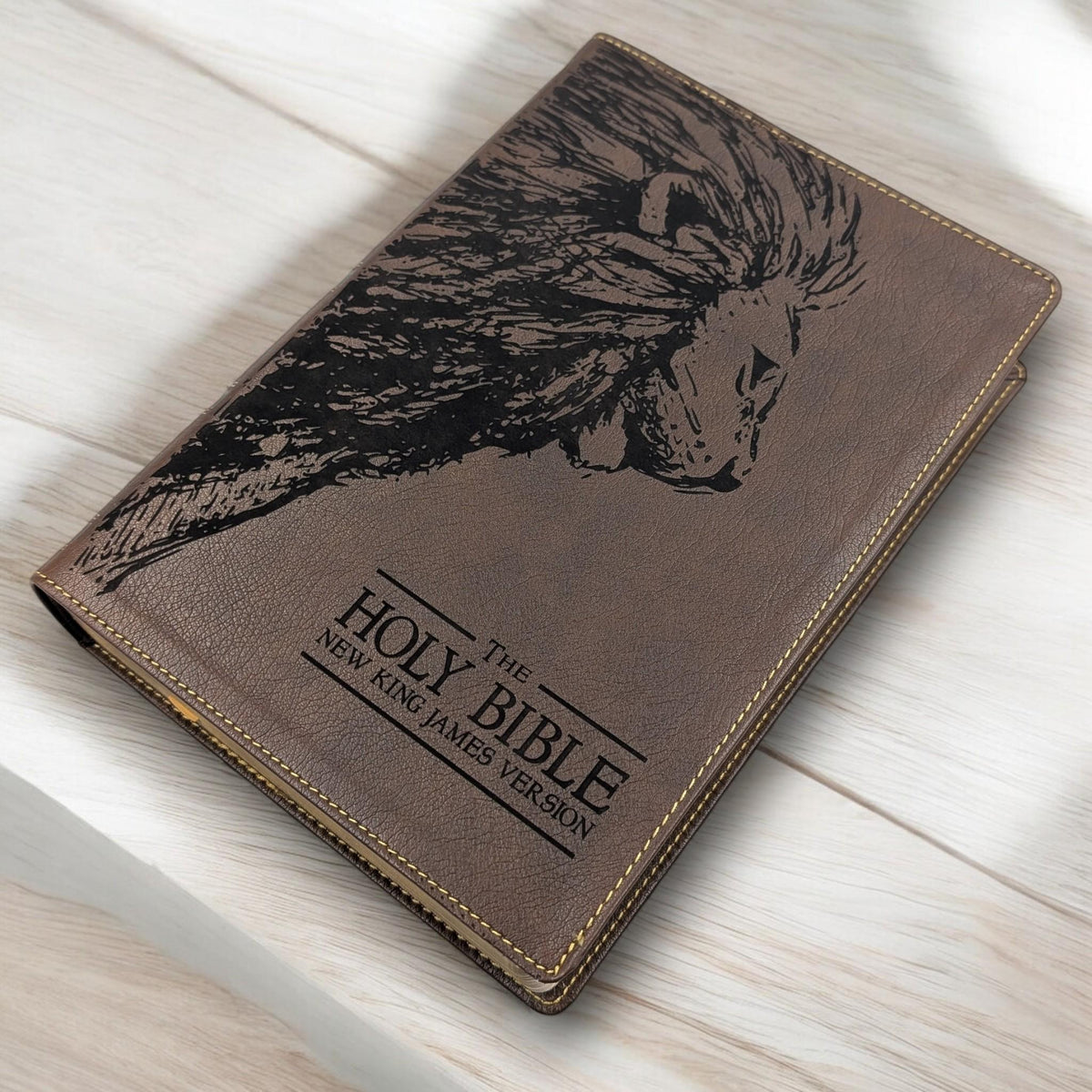 Personalized NKJV Bible with References: Engraved Lion, Wide Margins