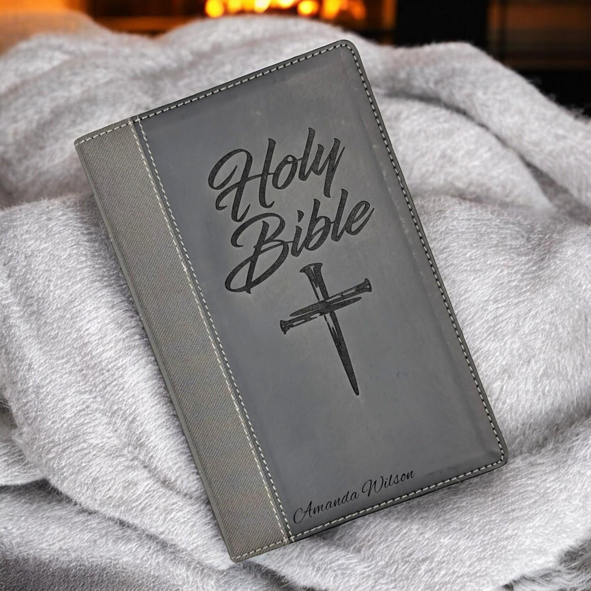 Personalized NIV Bible Large Print: Engraved Cross of Nails, Black Leatherlike, Thumb Index