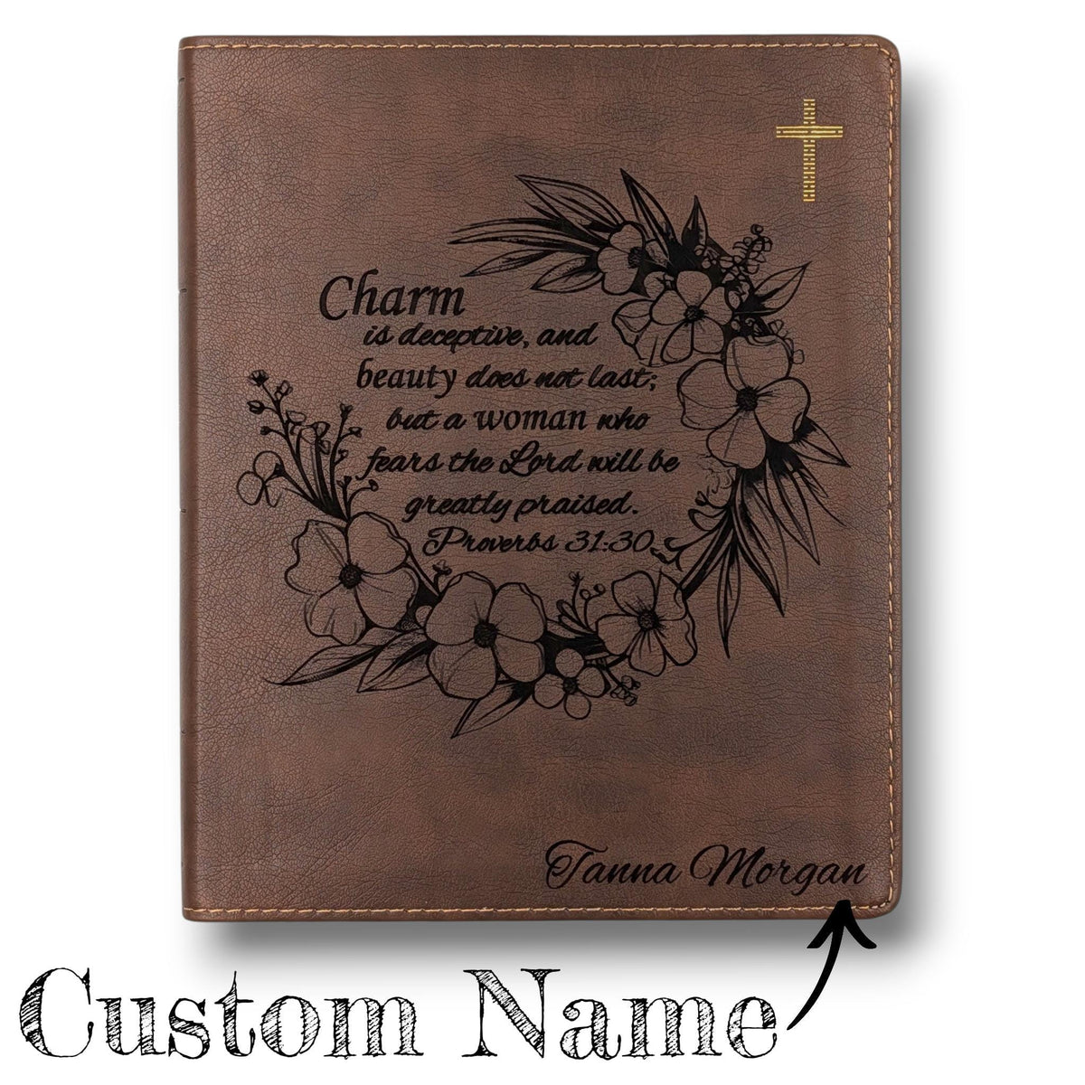 Personalized NIV Journal Bible: Engraved Flower Wreath and Proverbs 31-30, Lined Wide Margins