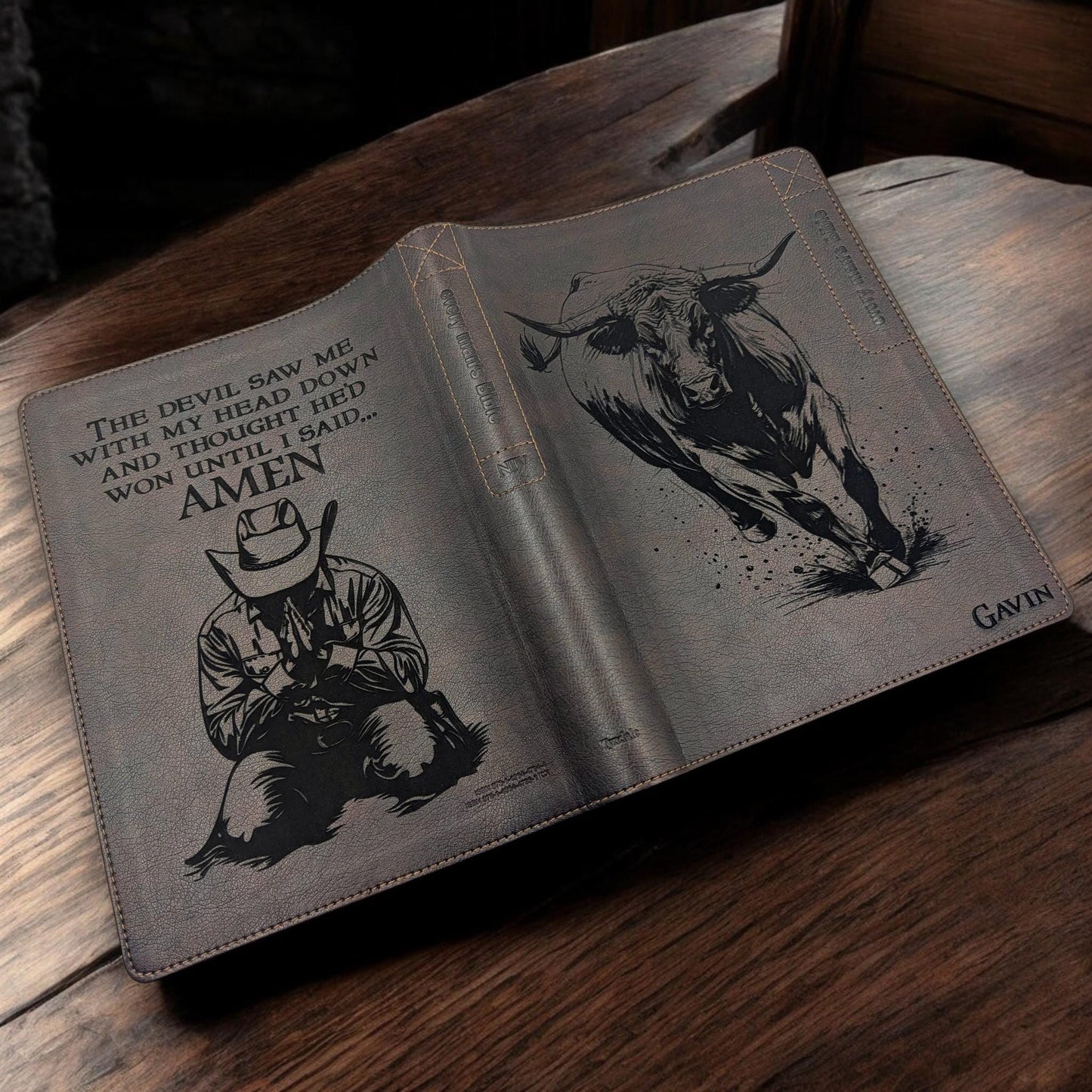 Personalized Every Man's Large Print NIV Bible: Engraved Rodeo Bull and Kneeling Cowboy, Brown
