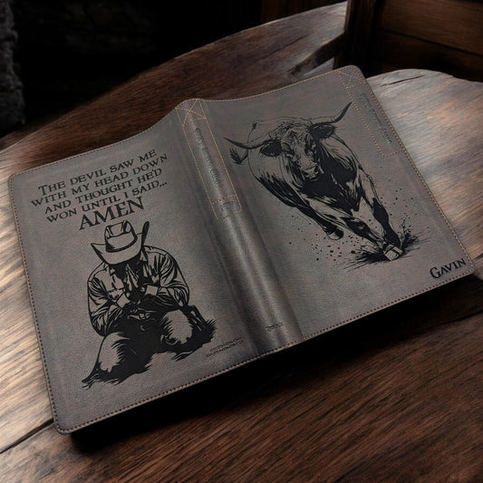 Personalized Every Man's Large Print NIV Bible: Engraved Rodeo Bull and Kneeling Cowboy, Brown