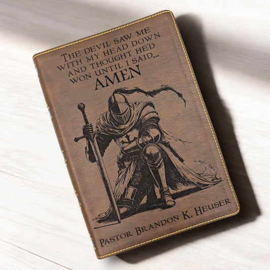 Personalized NKJV Bible with References: Engraved Kneeling Warrior, Wide Margins