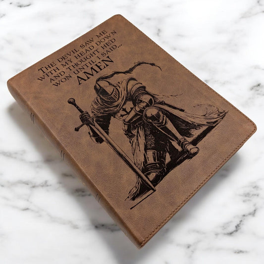 Personalized KJV Bible: Engraved Kneeling Warrior, Wide Margin, Brown