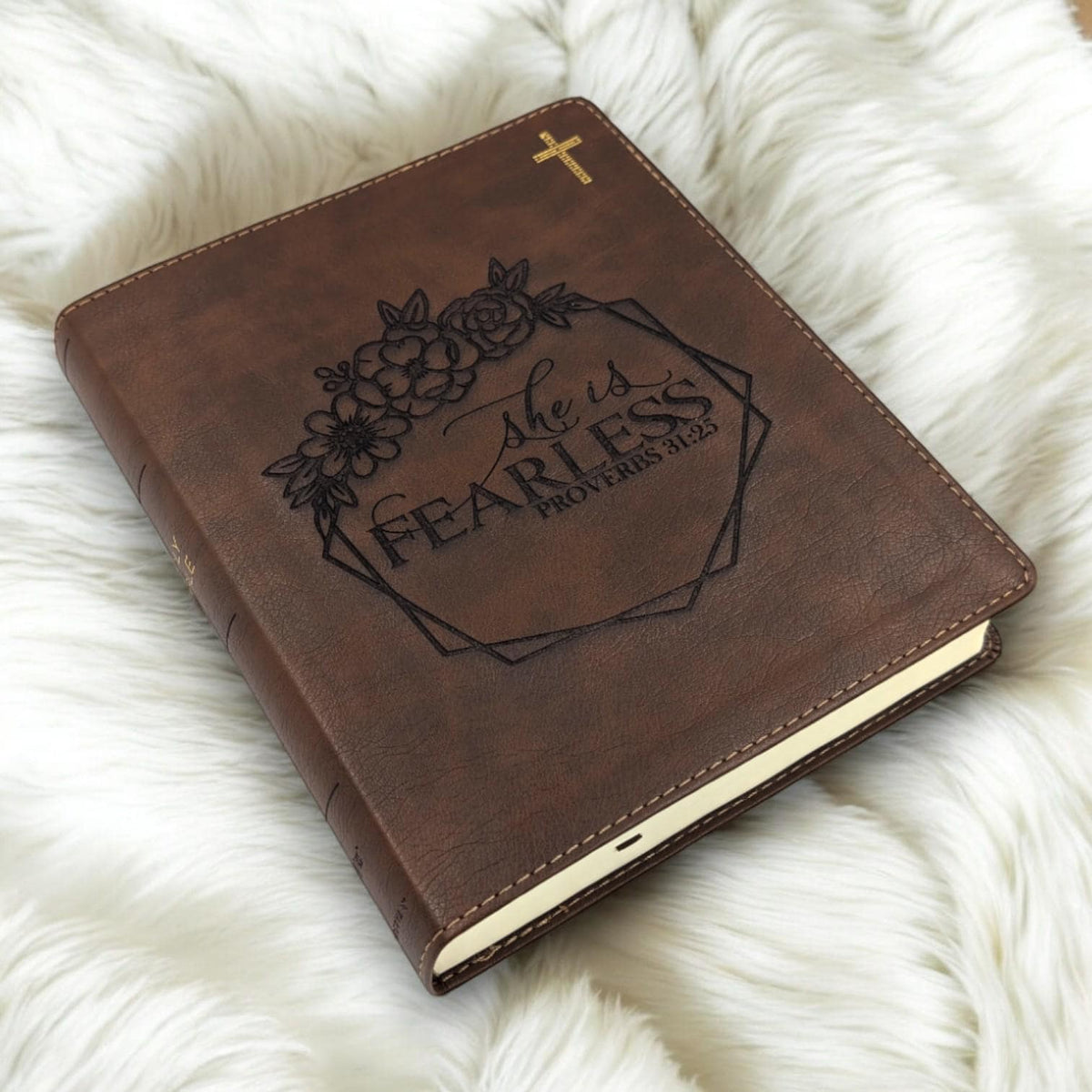 Personalized NIV Journal Bible for Women: She is Fearless Floral Engraved, Lined Wide Margins