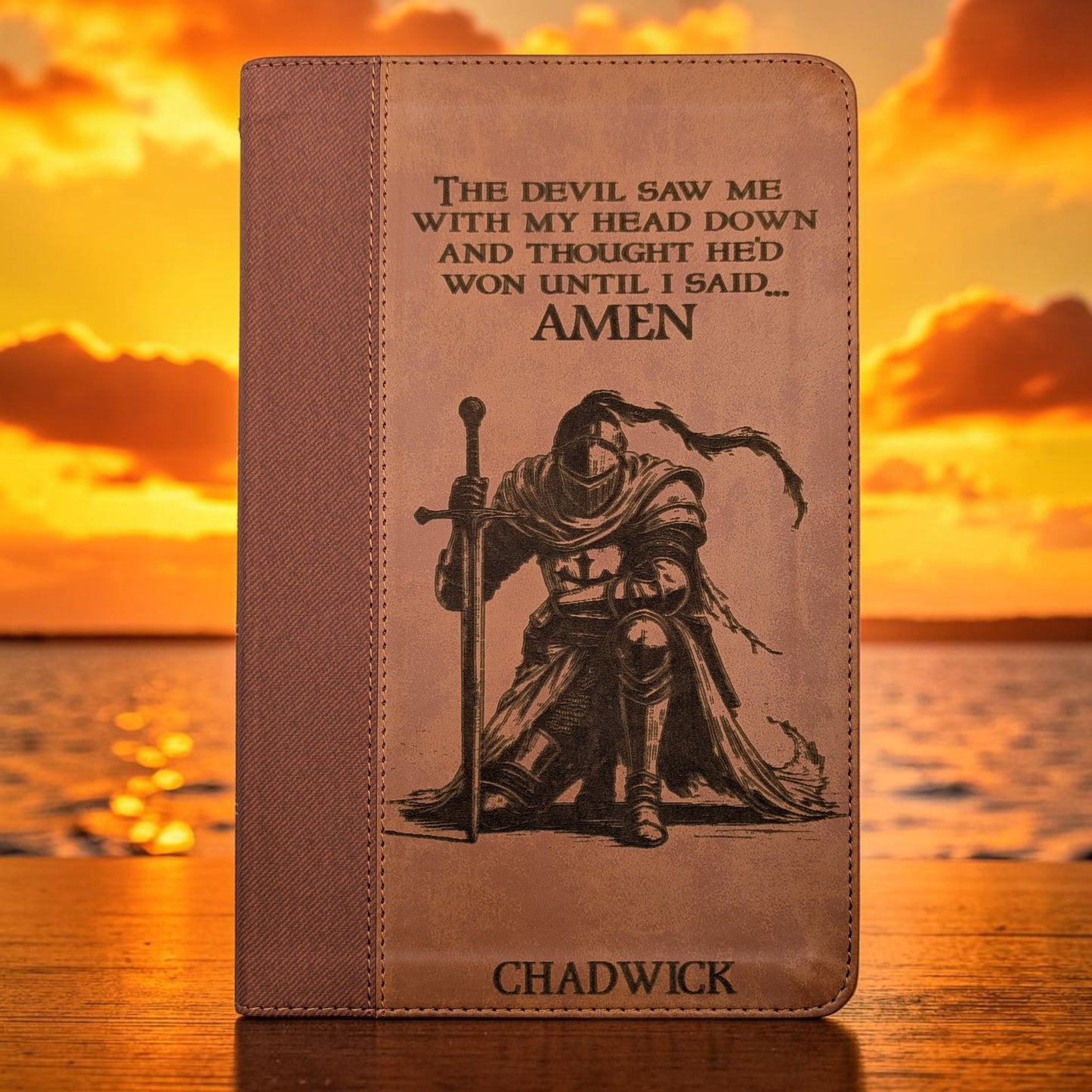 Personalized NIV Bible Large Print: Engraved Kneeling Warrior, Brown Leatherlike