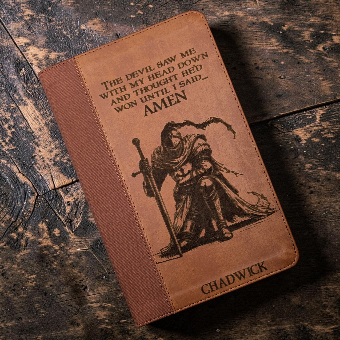 Personalized NIV Bible Large Print: Engraved Kneeling Warrior, Brown Leatherlike