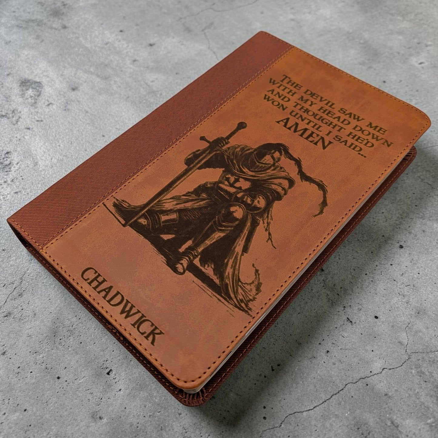 Personalized NIV Bible Large Print: Engraved Kneeling Warrior, Brown Leatherlike