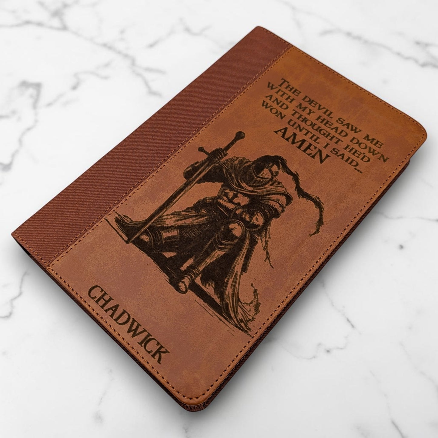 Personalized NIV Bible Large Print: Engraved Kneeling Warrior, Brown Leatherlike