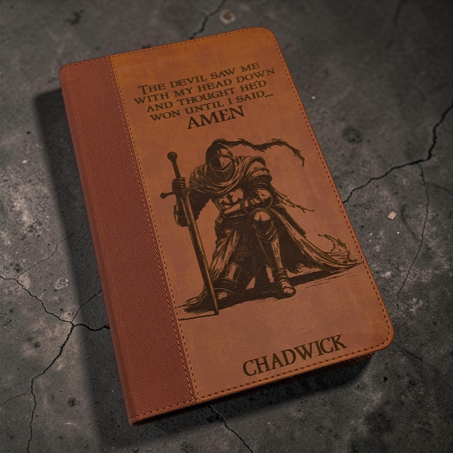 Personalized NIV Bible Large Print: Engraved Kneeling Warrior, Brown Leatherlike