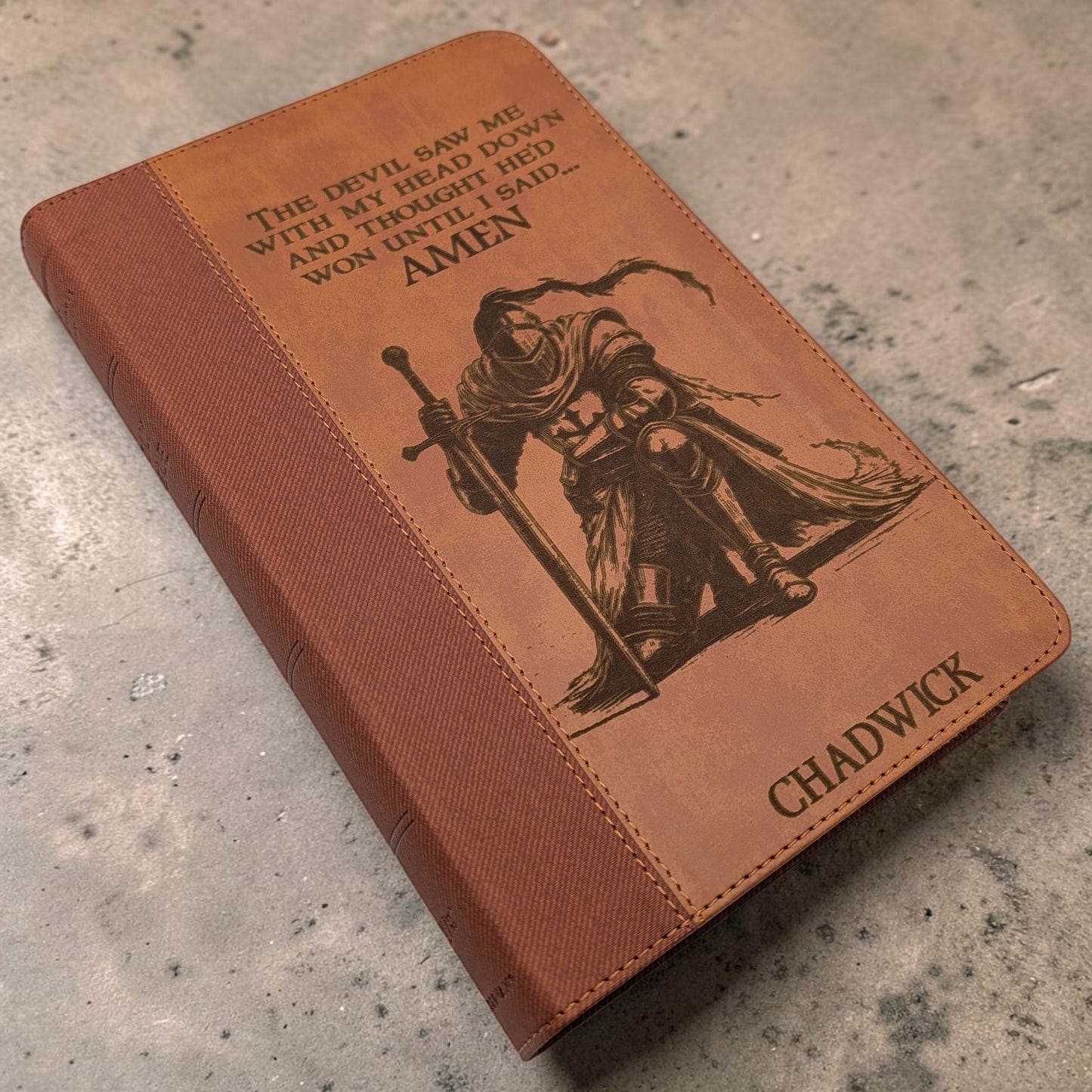 Personalized NIV Bible Large Print: Engraved Kneeling Warrior, Brown Leatherlike