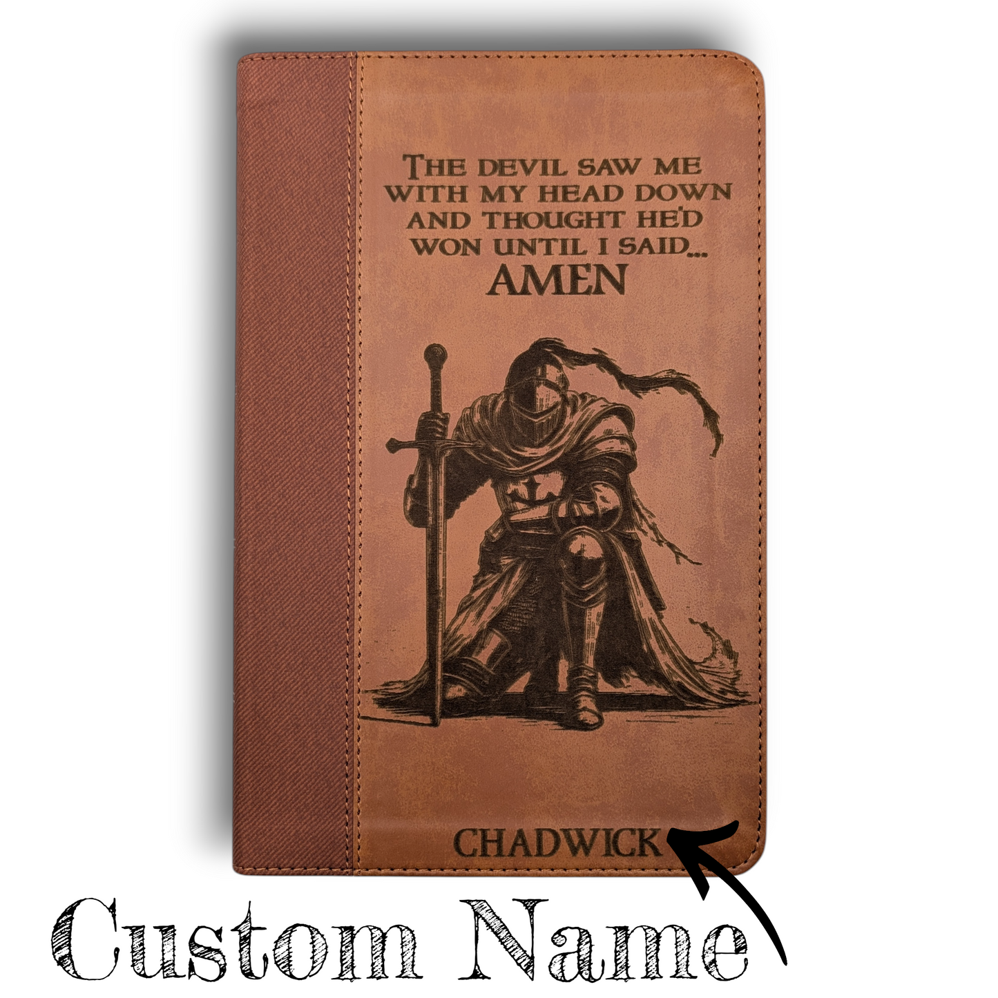 Personalized NIV Bible Large Print: Engraved Kneeling Warrior, Brown Leatherlike