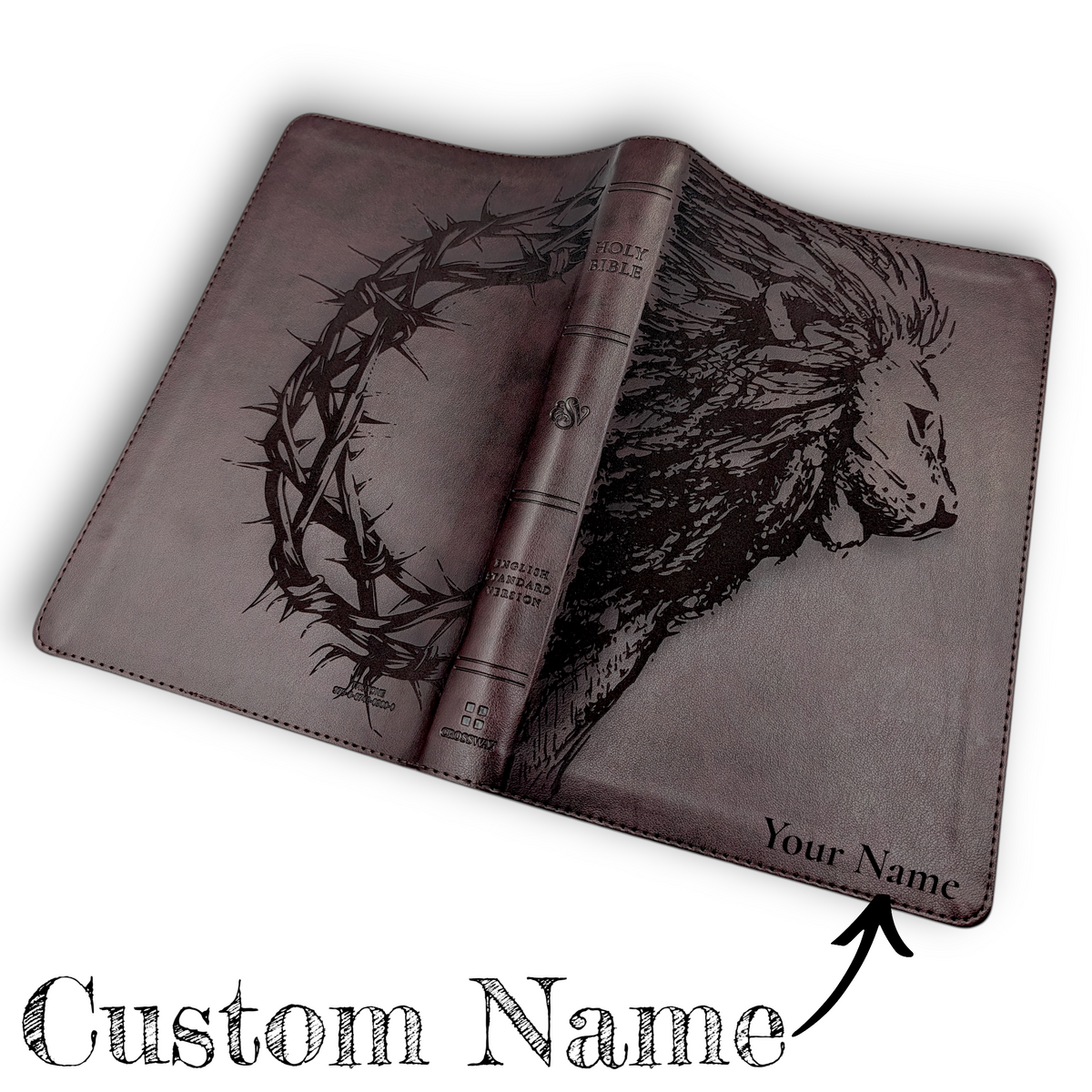 Personalized ESV Thinline Bible Large Print: Engraved Lion & Crown of Thorns, Mahogany Cover