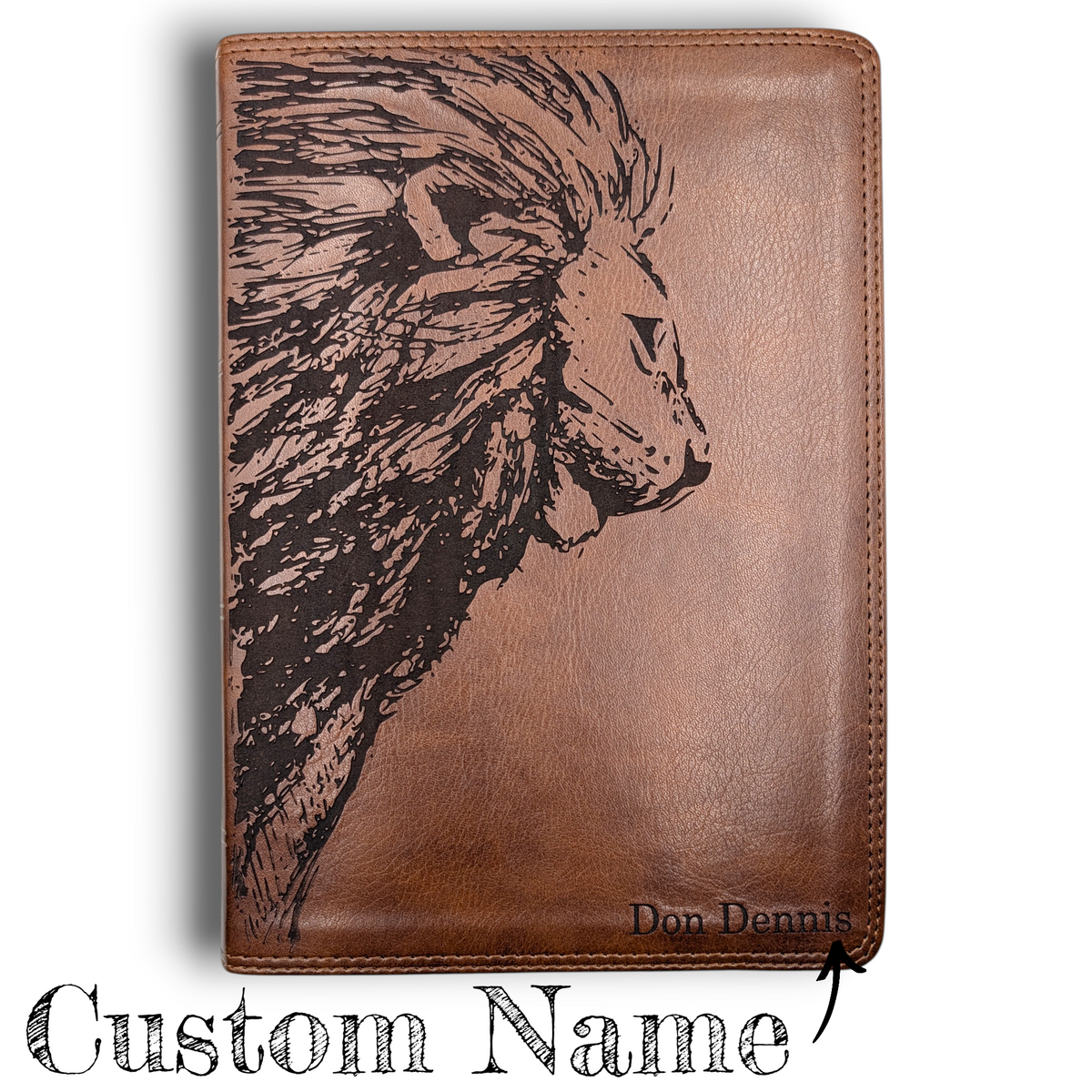 Personalized ESV Bible Giant Print: Engraved Lion and Custom Name, Brown Leatherlike Cover