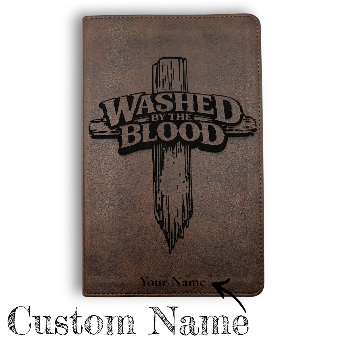 Personalized NLT Thinline Reference Bible: Engraved Washed By The Blood Cross Design, Rustic Brown Cover